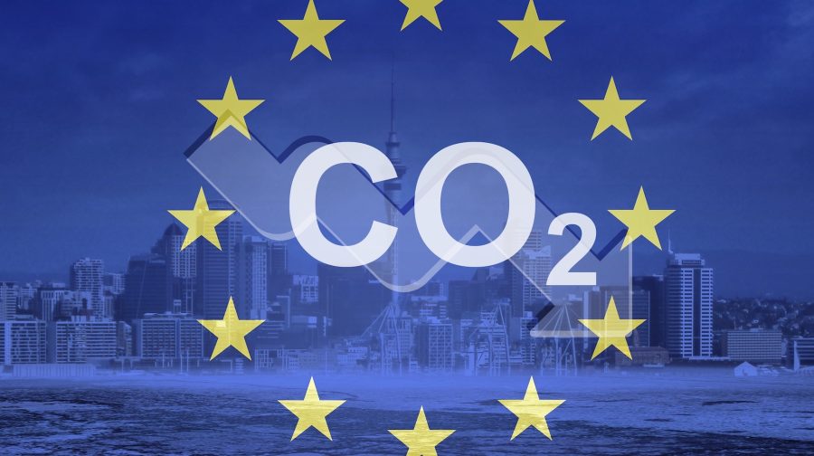 CO2 emissions into the atmosphere. Smoke against the background of the EU flag.